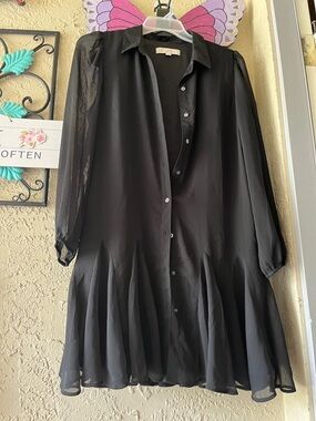 LOFT Black Sheer Button-Front Mini Dress. Pit to Pit is 19”. L is 36”